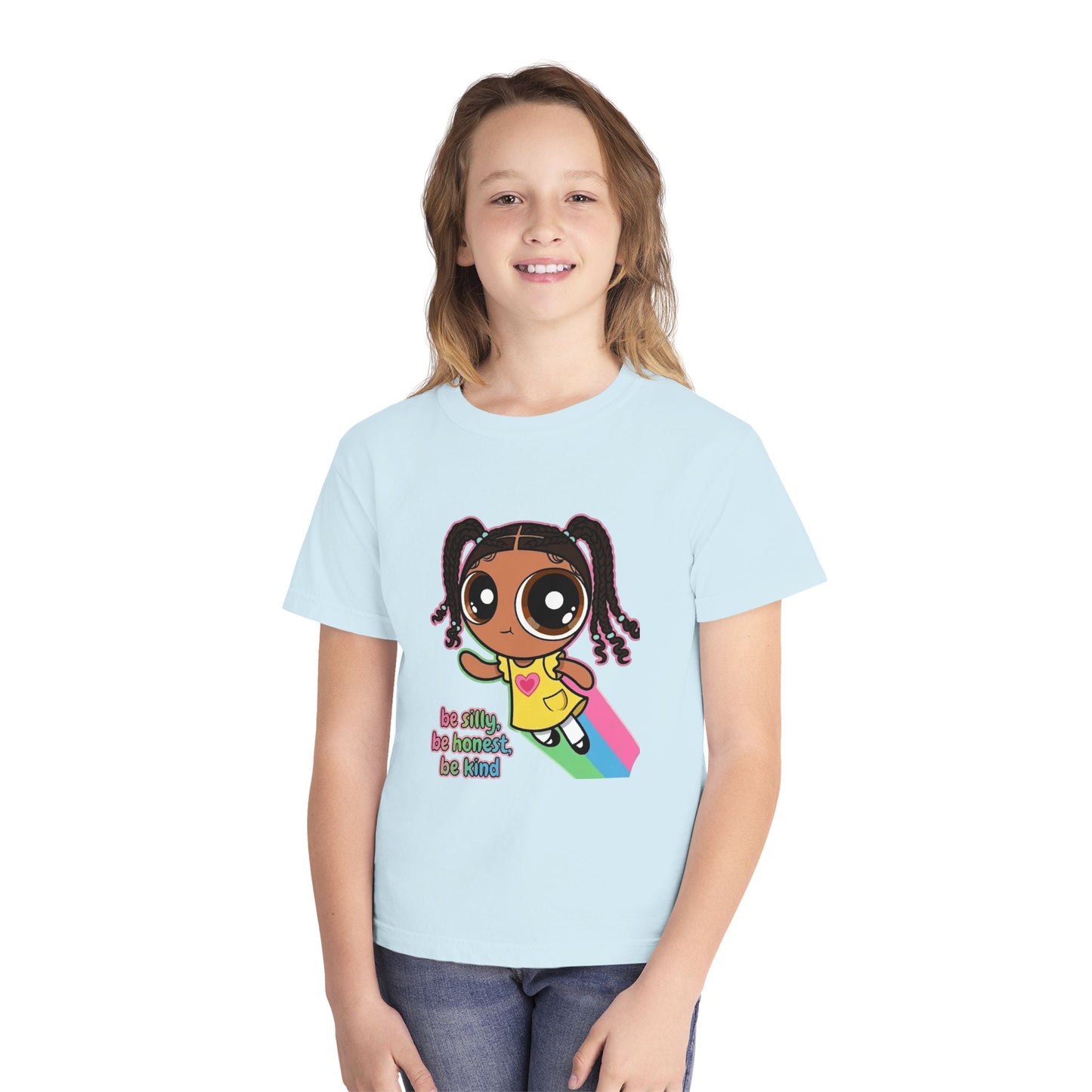 Kids Tee — Cute Cartoon Girl with Rainbow & “Be Silly, Be Honest, Be Kind”