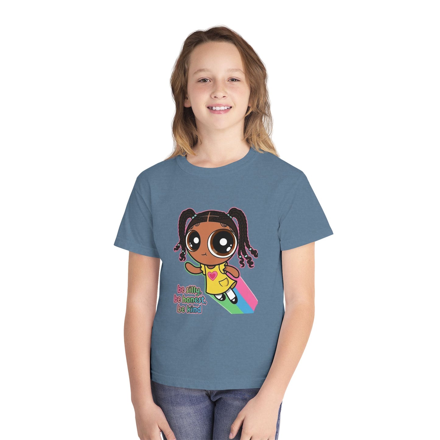 Kids Tee — Cute Cartoon Girl with Rainbow & “Be Silly, Be Honest, Be Kind”