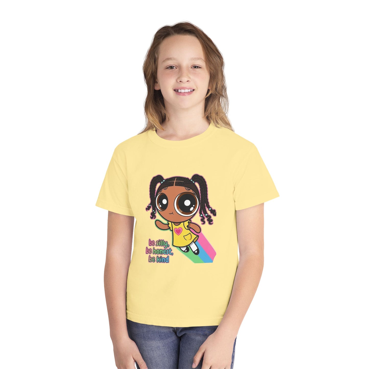 Kids Tee — Cute Cartoon Girl with Rainbow & “Be Silly, Be Honest, Be Kind”