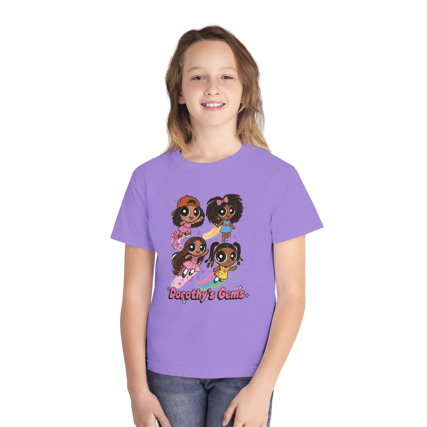 Youth Tee — "Dorothy's Gems" Cute Diverse Girls Cartoon Graphic Shirt