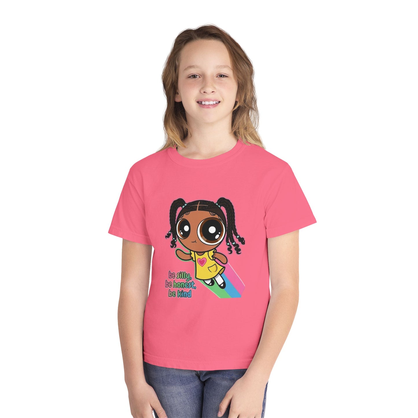 Kids Tee — Cute Cartoon Girl with Rainbow & “Be Silly, Be Honest, Be Kind”