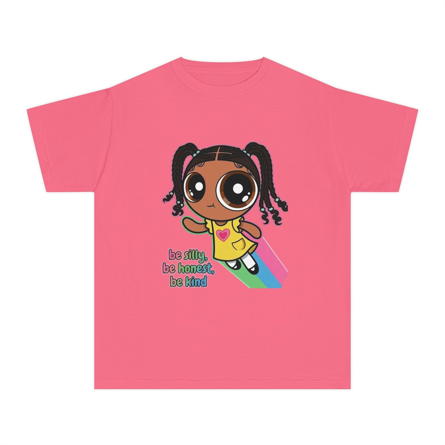 Kids Tee — Cute Cartoon Girl with Rainbow & “Be Silly, Be Honest, Be Kind”
