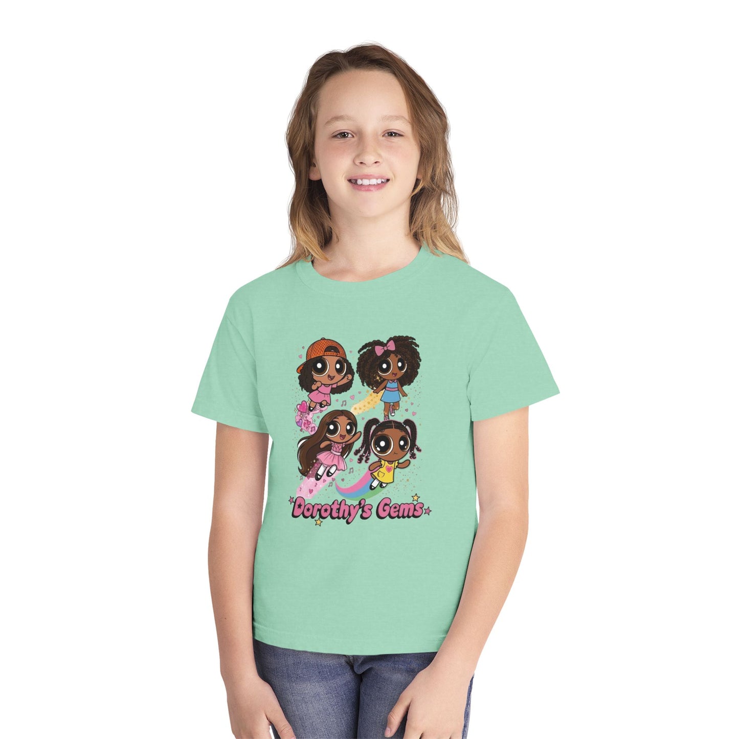 Youth Tee — "Dorothy's Gems" Cute Diverse Girls Cartoon Graphic Shirt