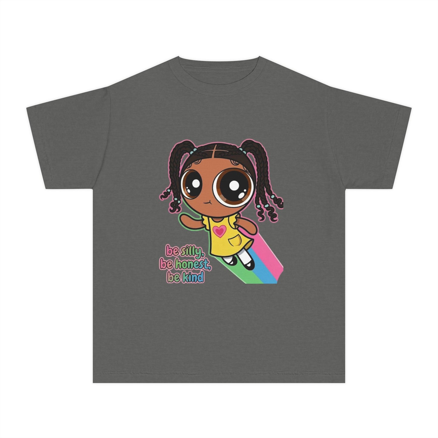 Kids Tee — Cute Cartoon Girl with Rainbow & “Be Silly, Be Honest, Be Kind”