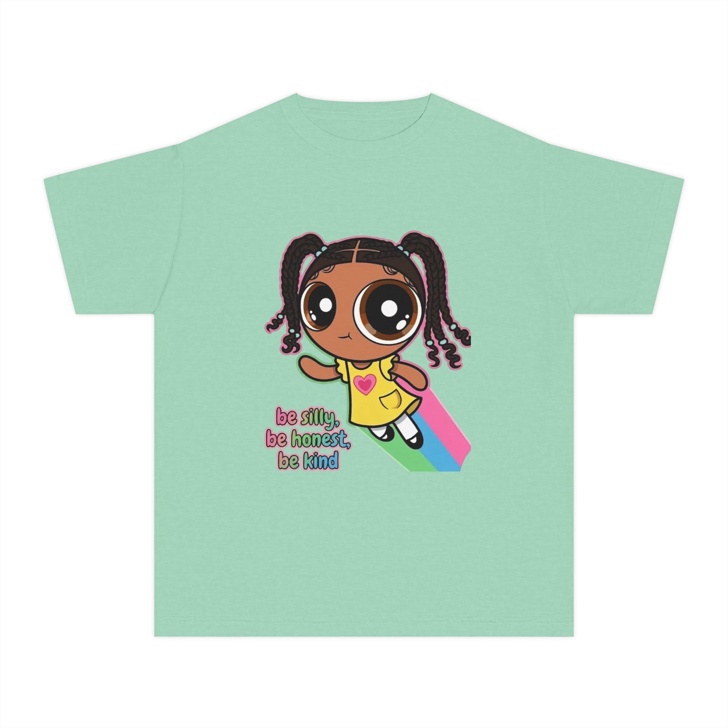 Kids Tee — Cute Cartoon Girl with Rainbow & “Be Silly, Be Honest, Be Kind”