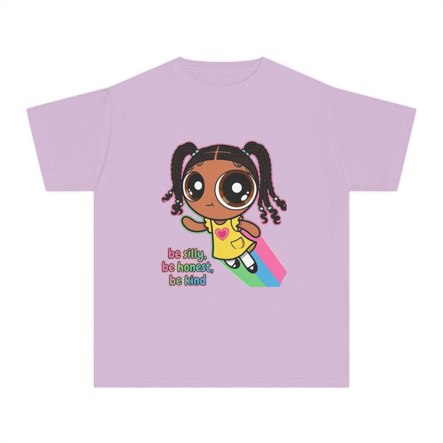 Kids Tee — Cute Cartoon Girl with Rainbow & “Be Silly, Be Honest, Be Kind”