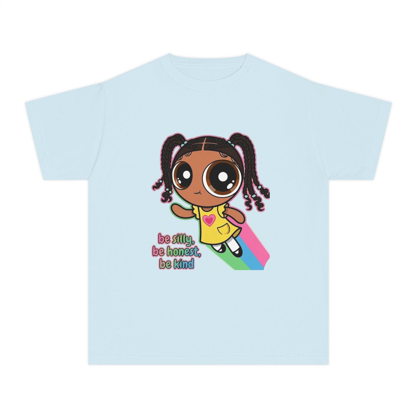 Kids Tee — Cute Cartoon Girl with Rainbow & “Be Silly, Be Honest, Be Kind”