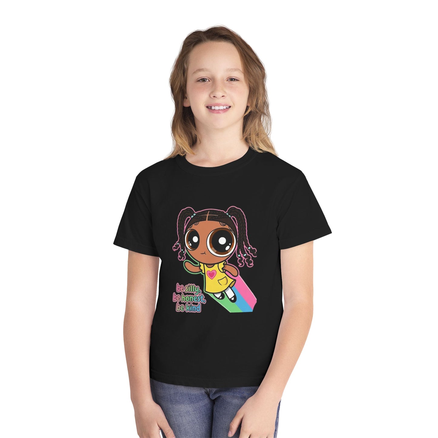 Kids Tee — Cute Cartoon Girl with Rainbow & “Be Silly, Be Honest, Be Kind”