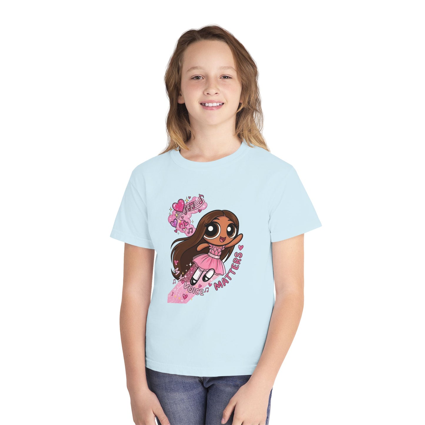 Youth Tee — 'My Voice Matters' Cute Superhero Girl Graphic