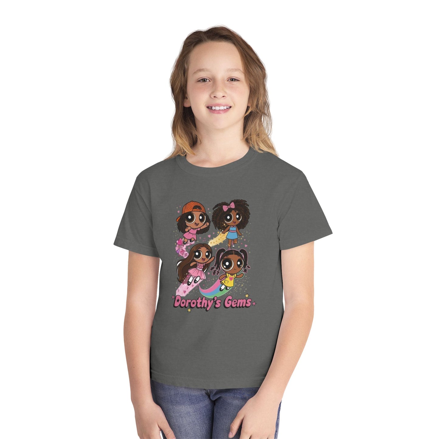 Youth Tee — "Dorothy's Gems" Cute Diverse Girls Cartoon Graphic Shirt