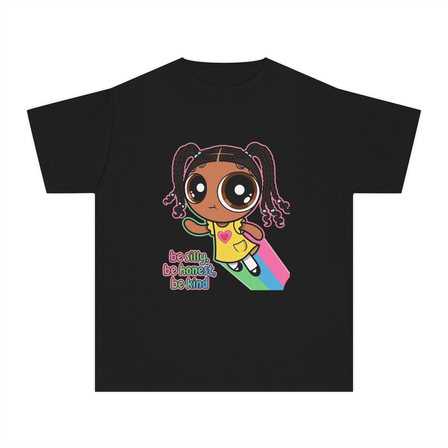 Kids Tee — Cute Cartoon Girl with Rainbow & “Be Silly, Be Honest, Be Kind”