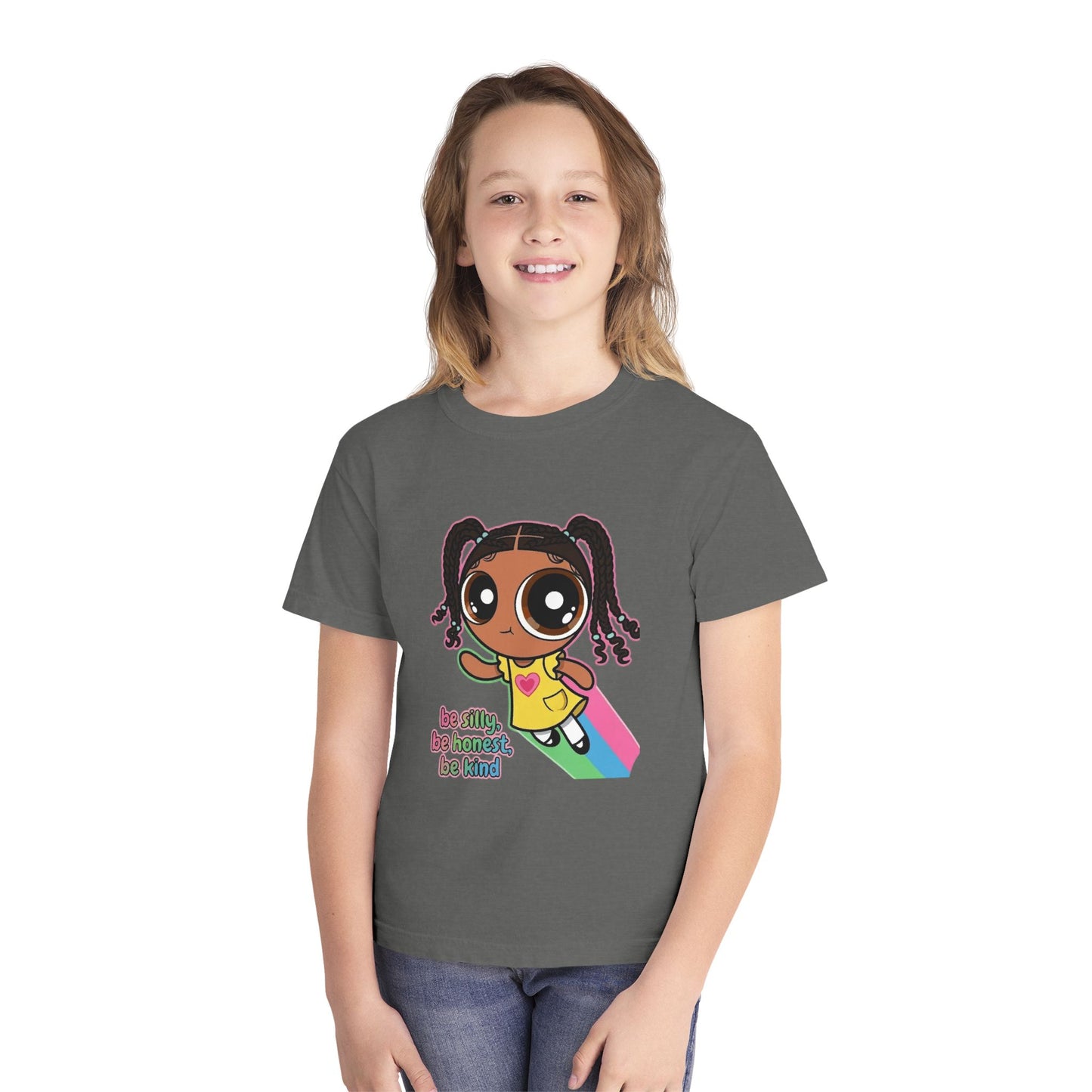 Kids Tee — Cute Cartoon Girl with Rainbow & “Be Silly, Be Honest, Be Kind”