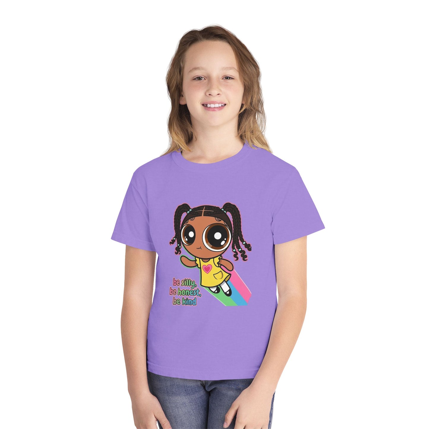 Kids Tee — Cute Cartoon Girl with Rainbow & “Be Silly, Be Honest, Be Kind”