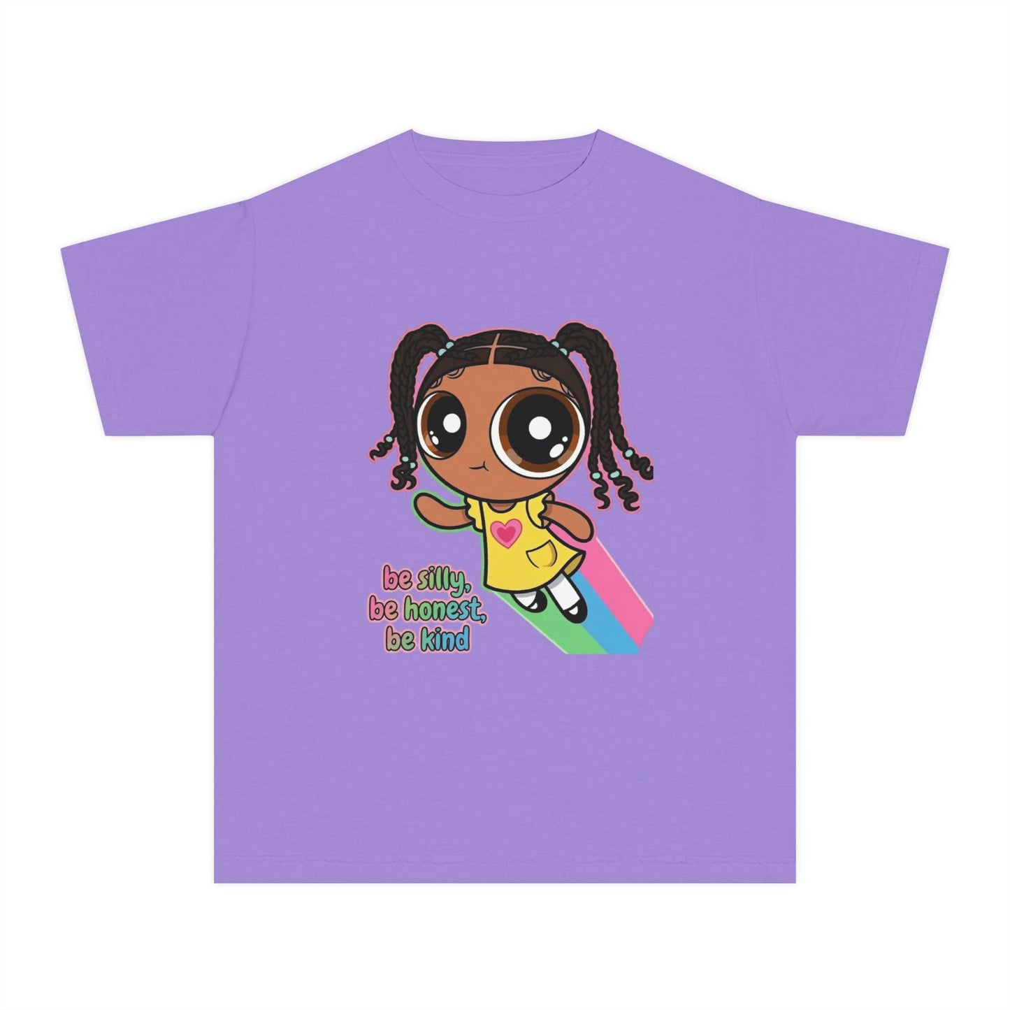 Kids Tee — Cute Cartoon Girl with Rainbow & “Be Silly, Be Honest, Be Kind”