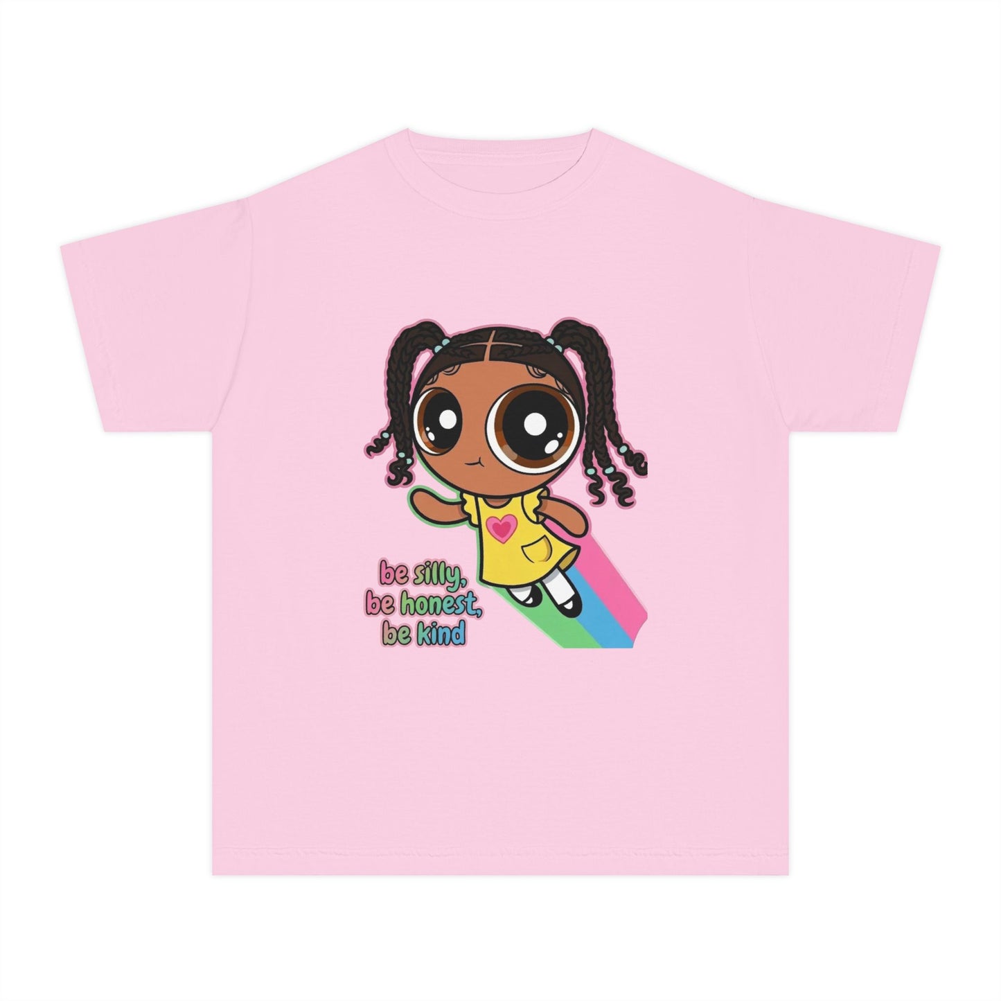 Kids Tee — Cute Cartoon Girl with Rainbow & “Be Silly, Be Honest, Be Kind”