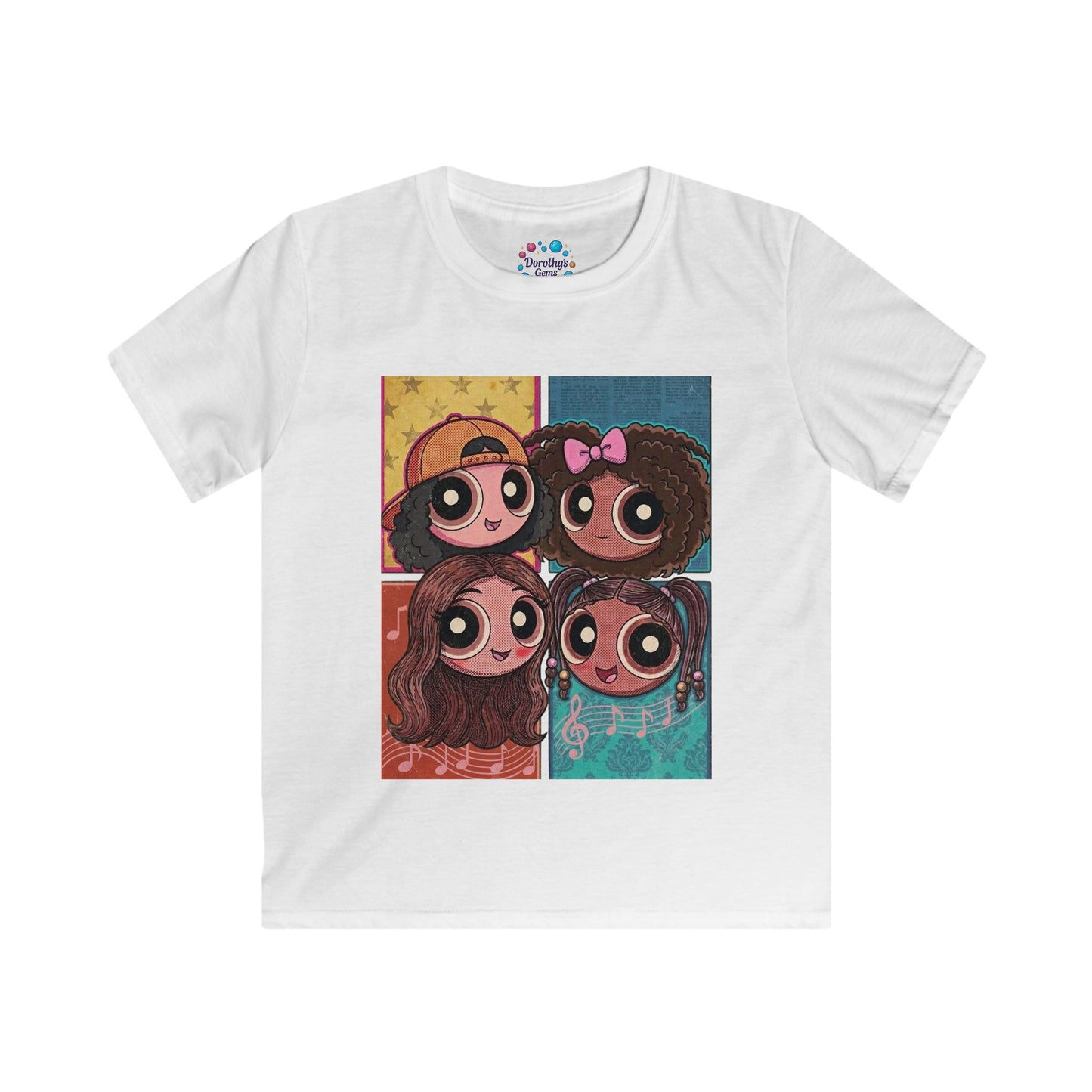 Cartoon Girls Pop Art Kids Tee — Cute Diverse Friends Graphic T-Shirt