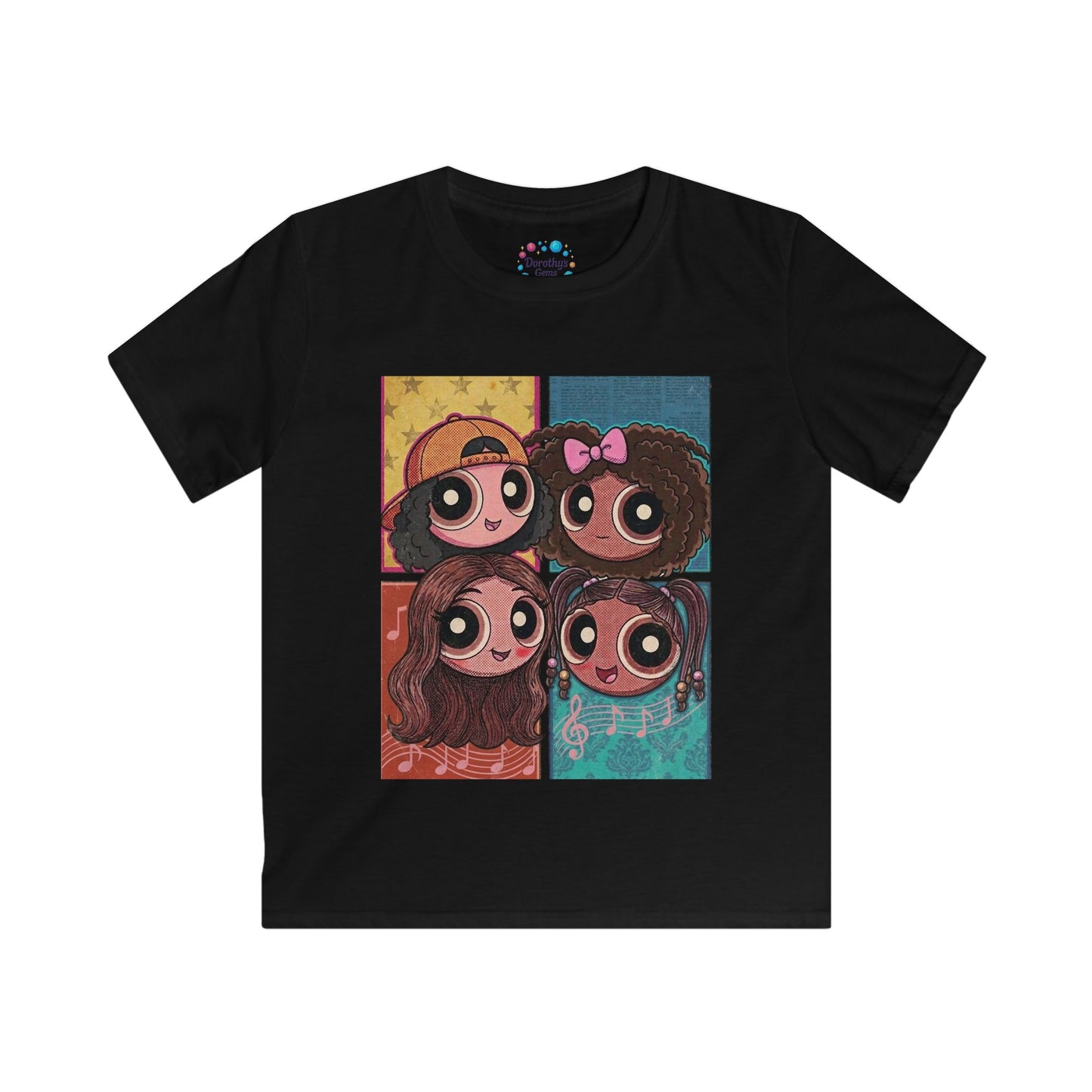 Cartoon Girls Pop Art Kids Tee — Cute Diverse Friends Graphic T-Shirt