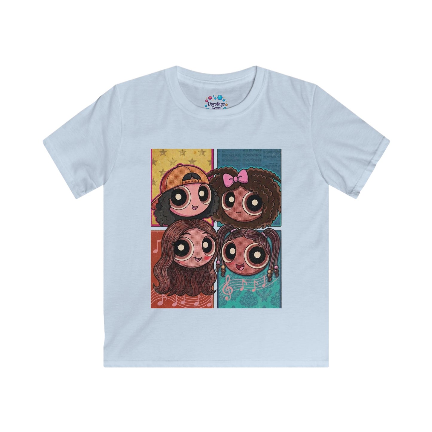 Cartoon Girls Pop Art Kids Tee — Cute Diverse Friends Graphic T-Shirt