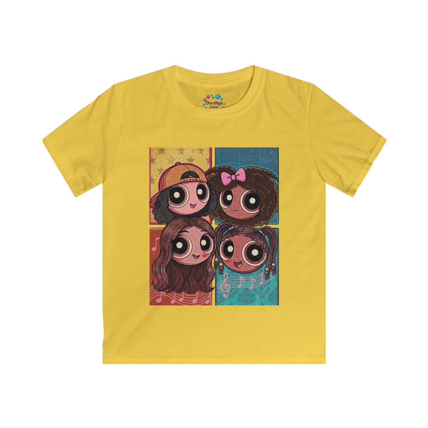 Cartoon Girls Pop Art Kids Tee — Cute Diverse Friends Graphic T-Shirt
