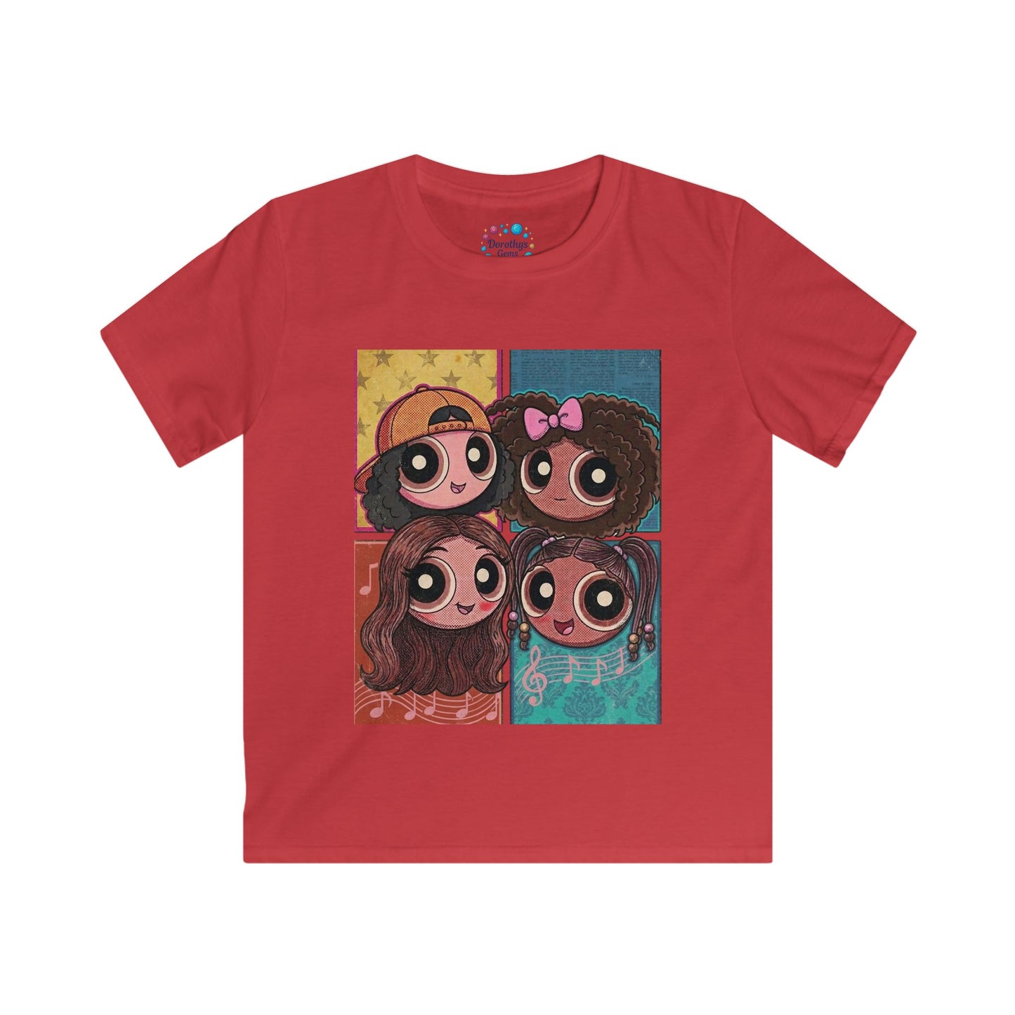Cartoon Girls Pop Art Kids Tee — Cute Diverse Friends Graphic T-Shirt