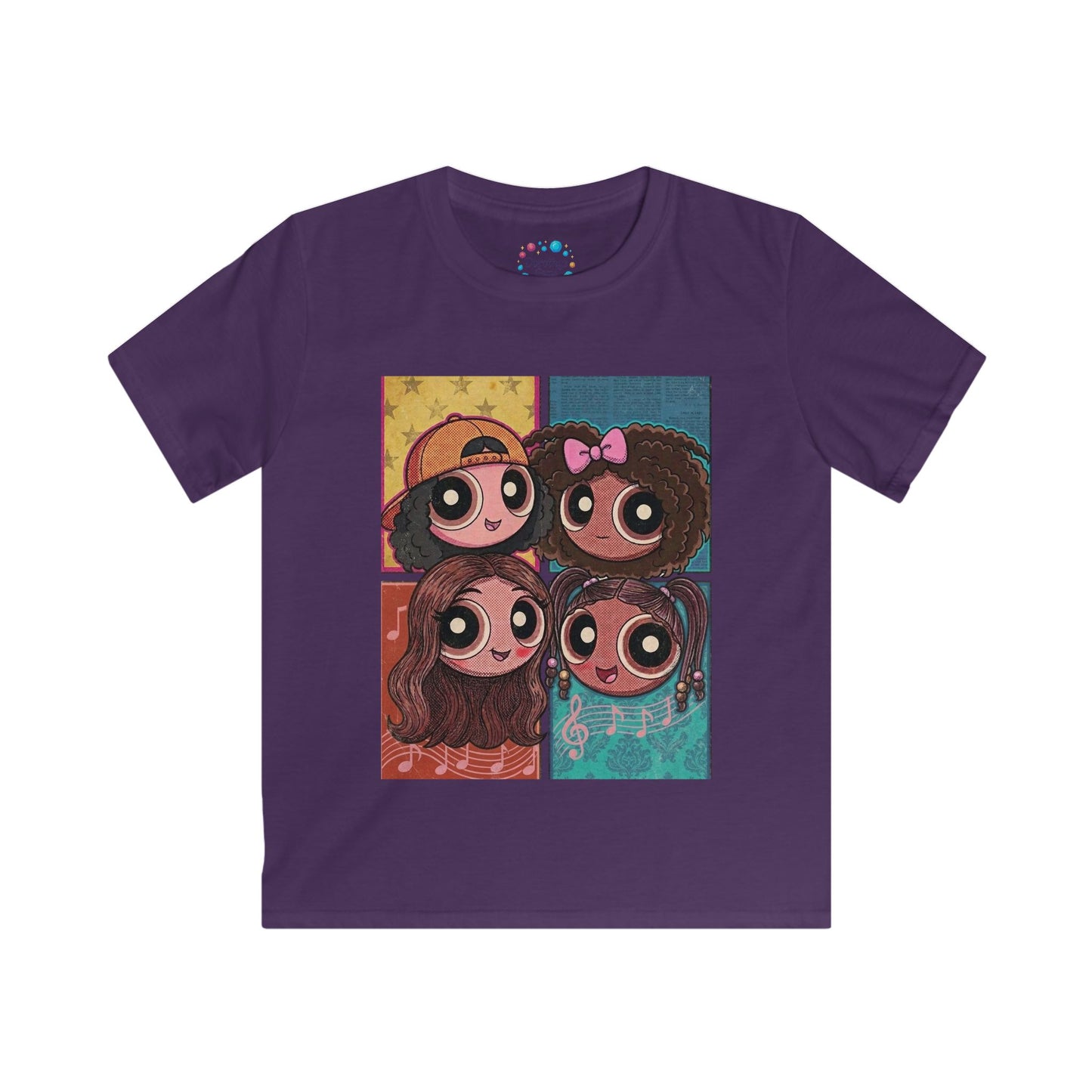 Cartoon Girls Pop Art Kids Tee — Cute Diverse Friends Graphic T-Shirt