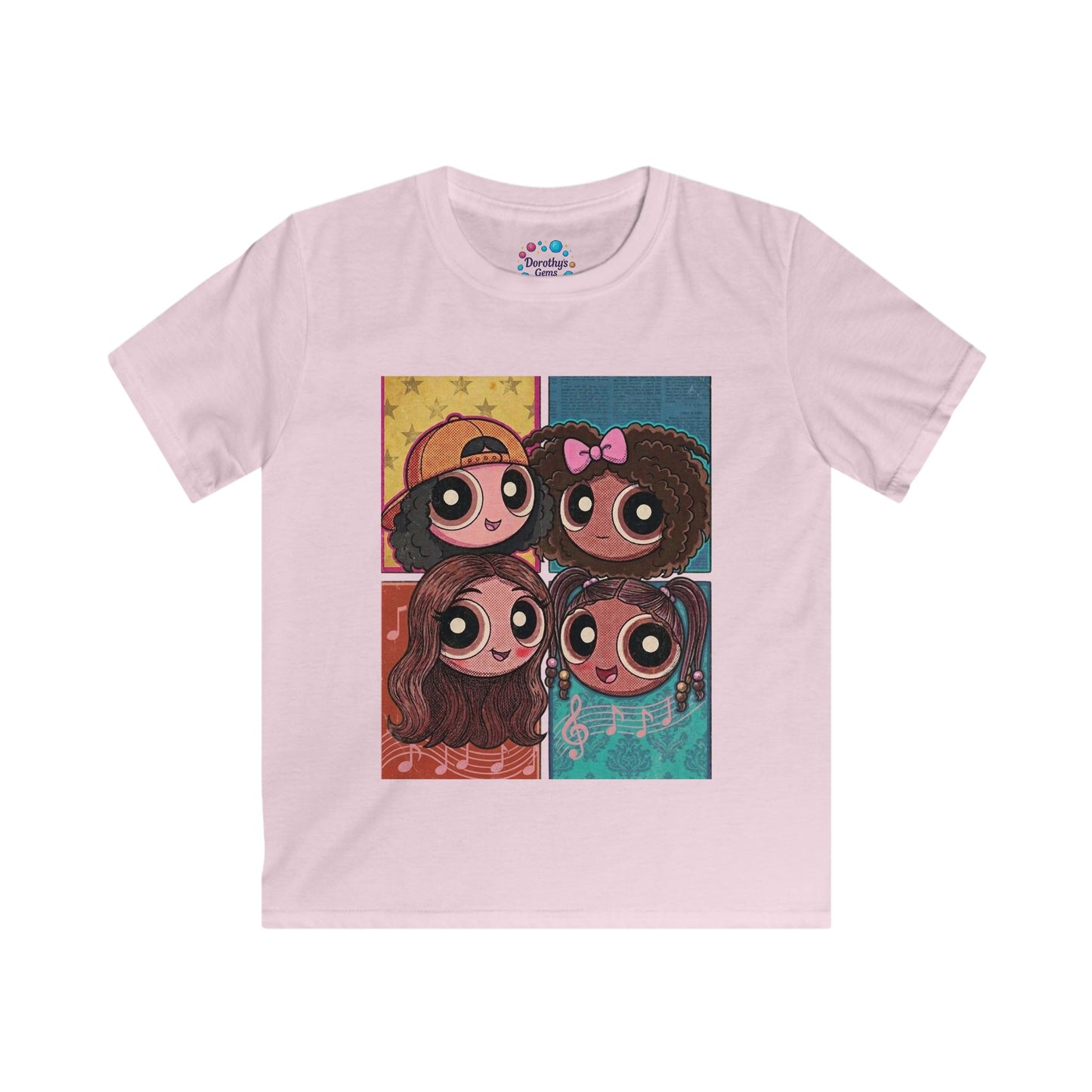 Cartoon Girls Pop Art Kids Tee — Cute Diverse Friends Graphic T-Shirt