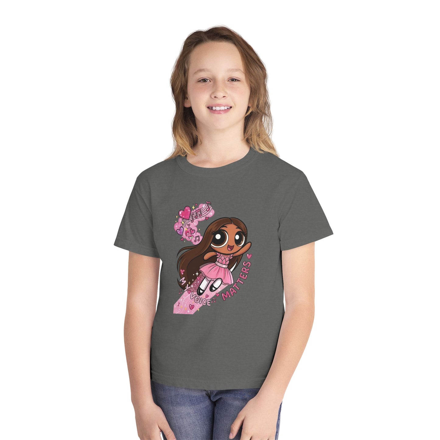 Youth Tee — 'My Voice Matters' Cute Superhero Girl Graphic
