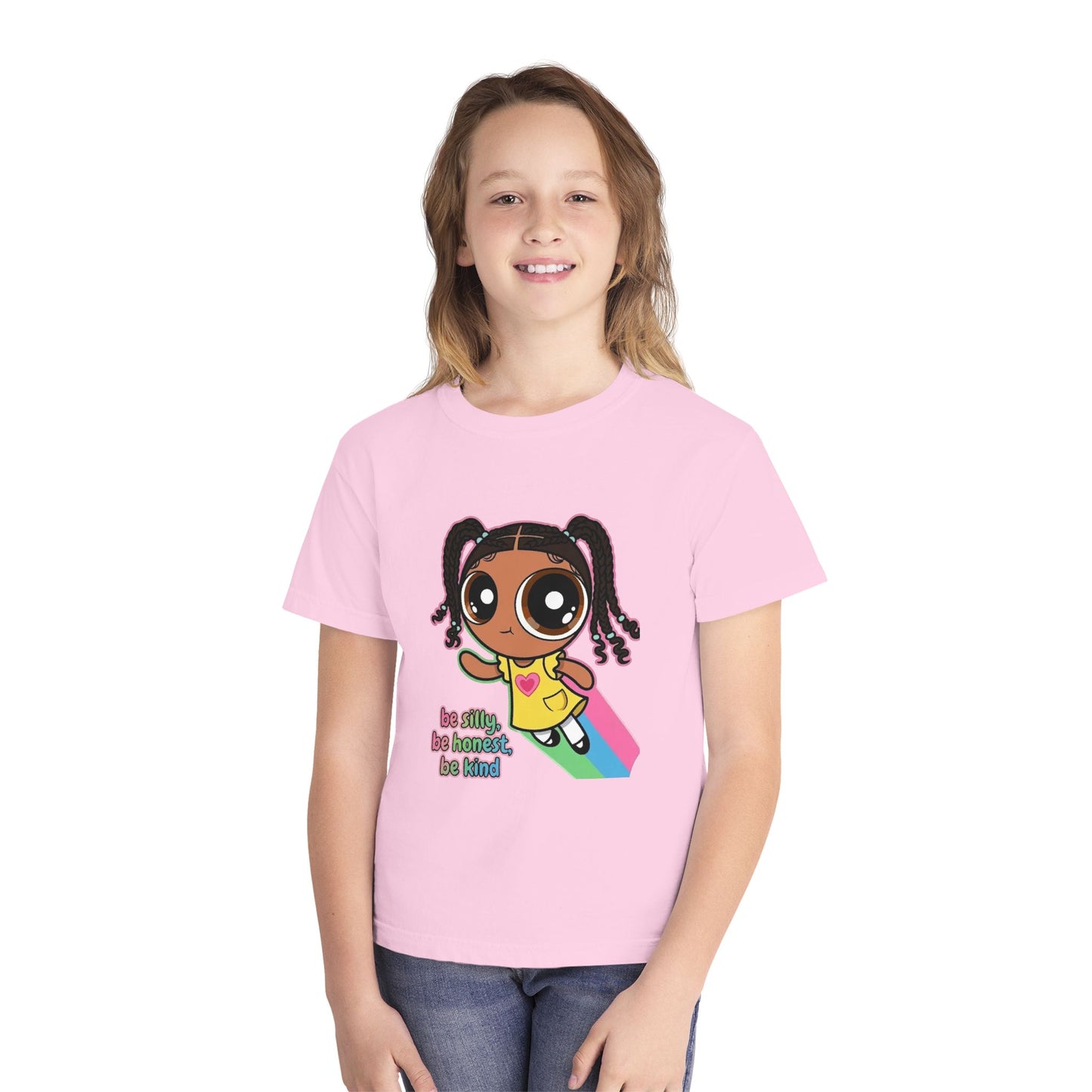 Kids Tee — Cute Cartoon Girl with Rainbow & “Be Silly, Be Honest, Be Kind”