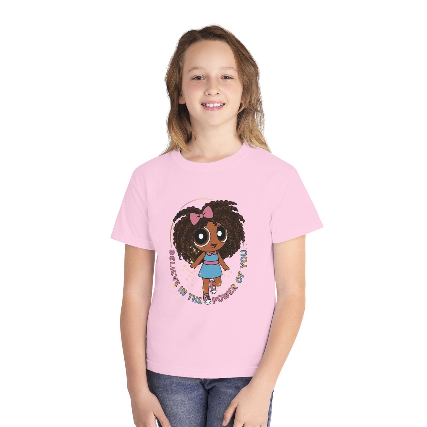 Youth Tee — "Believe in the Power of You" Cute Afro Girl Empowerment Shirt
