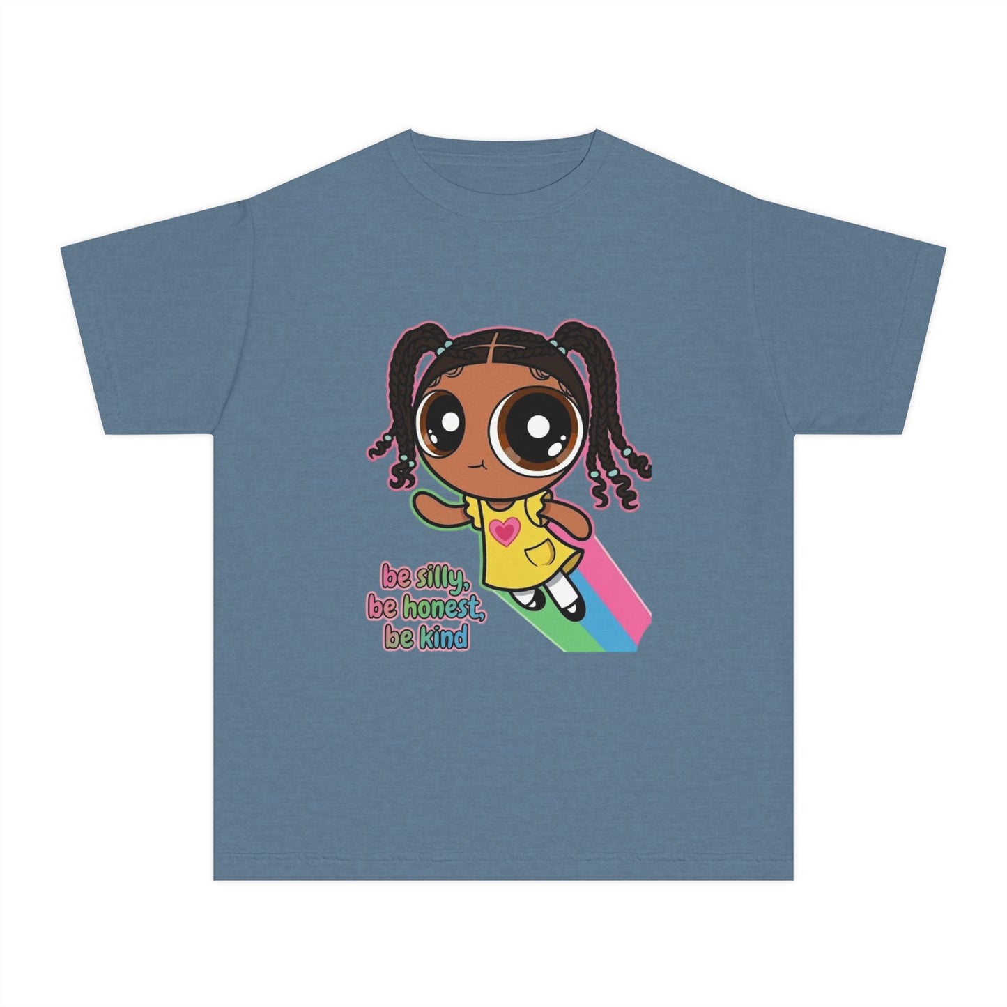 Kids Tee — Cute Cartoon Girl with Rainbow & “Be Silly, Be Honest, Be Kind”