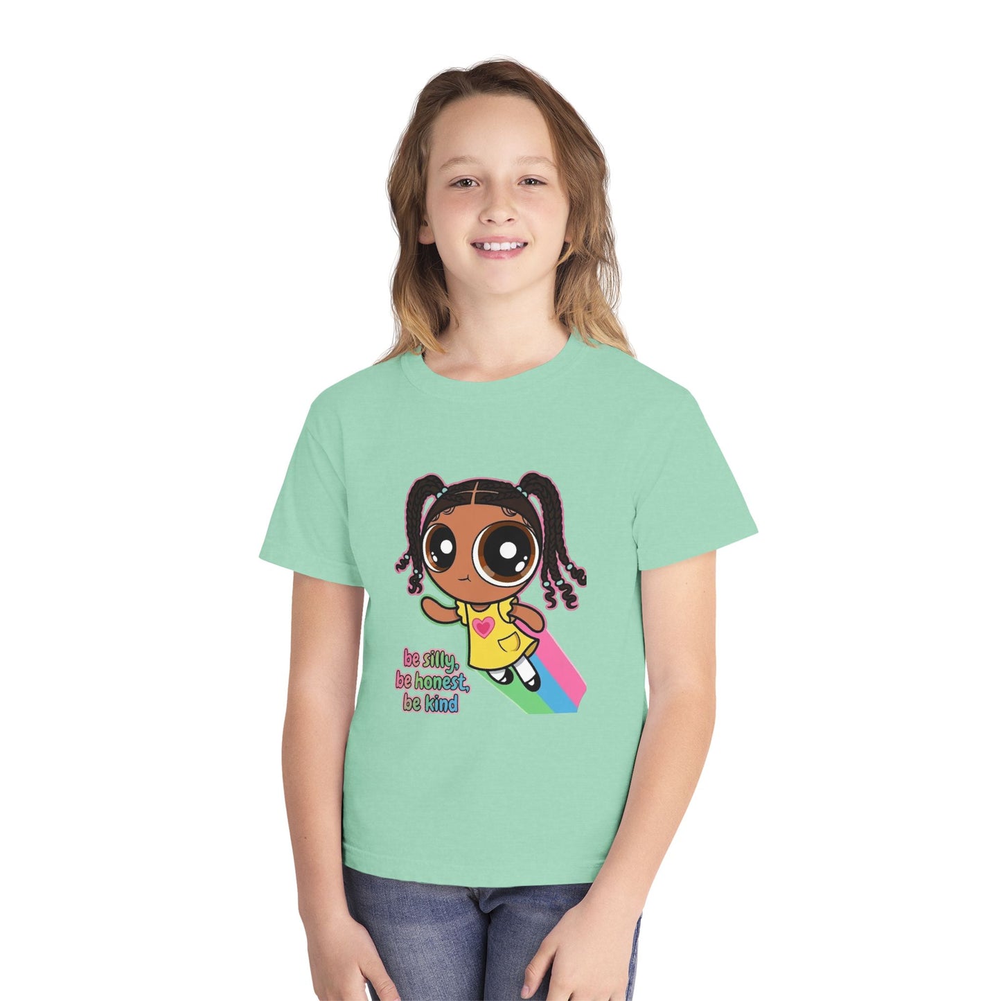 Kids Tee — Cute Cartoon Girl with Rainbow & “Be Silly, Be Honest, Be Kind”