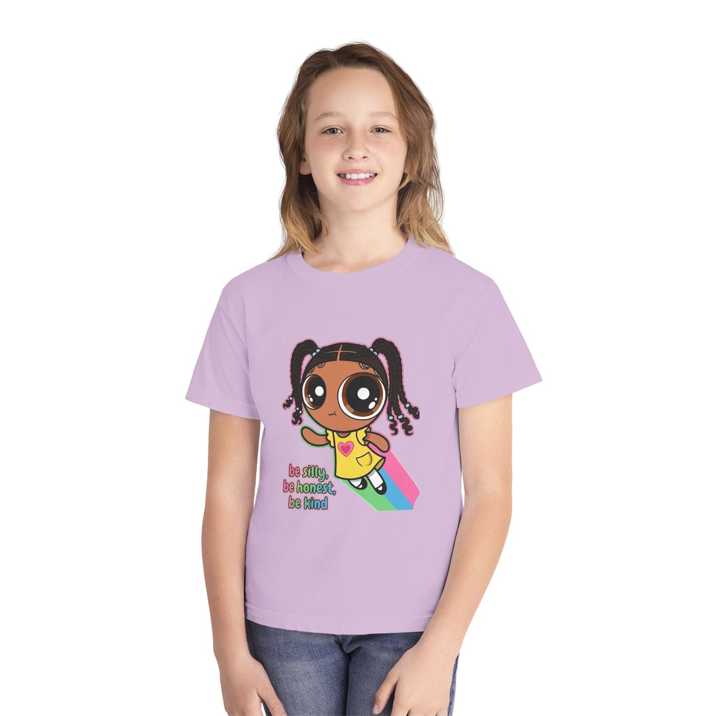 Kids Tee — Cute Cartoon Girl with Rainbow & “Be Silly, Be Honest, Be Kind”