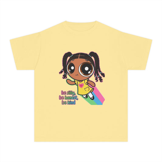 Kids Tee — Cute Cartoon Girl with Rainbow & “Be Silly, Be Honest, Be Kind”