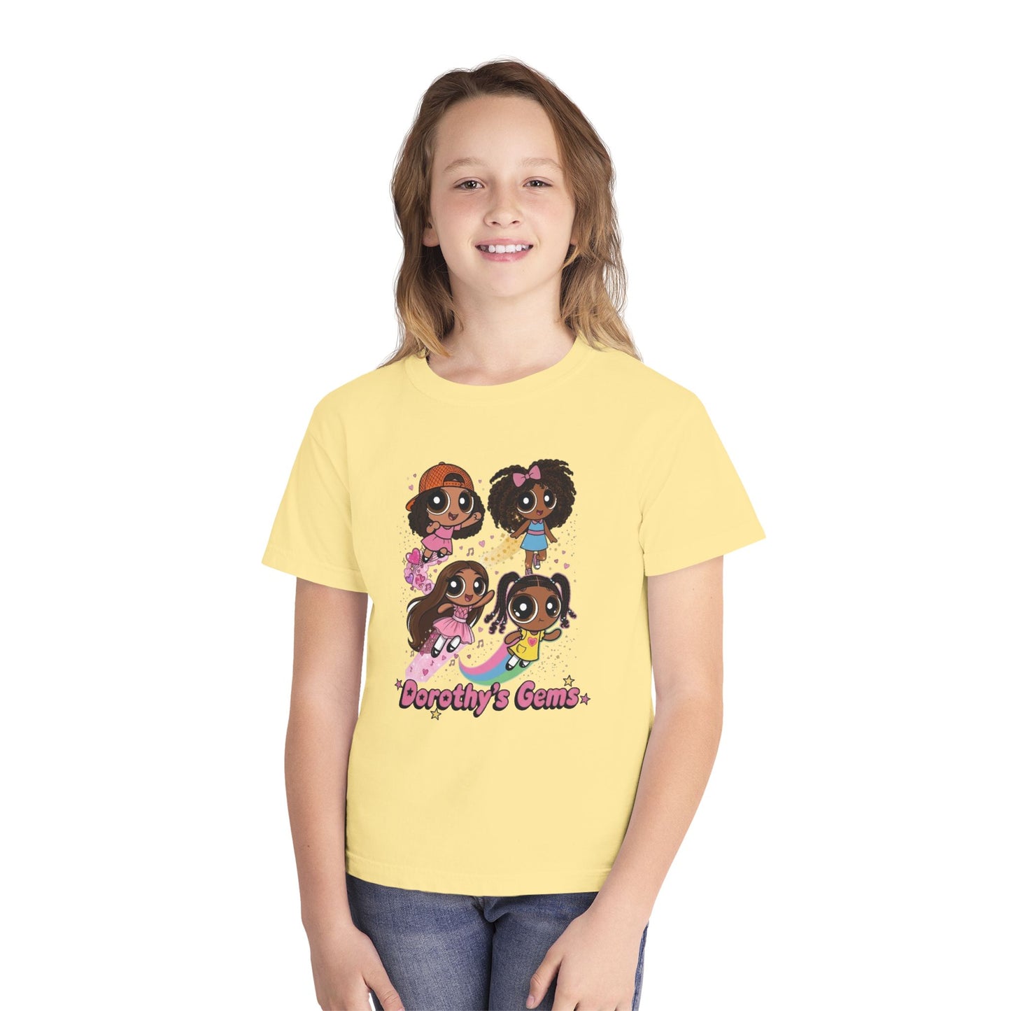Youth Tee — "Dorothy's Gems" Cute Diverse Girls Cartoon Graphic Shirt